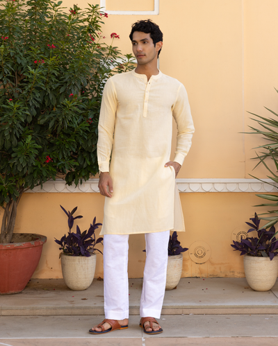 Vyan Cream Solid Linen Kurta