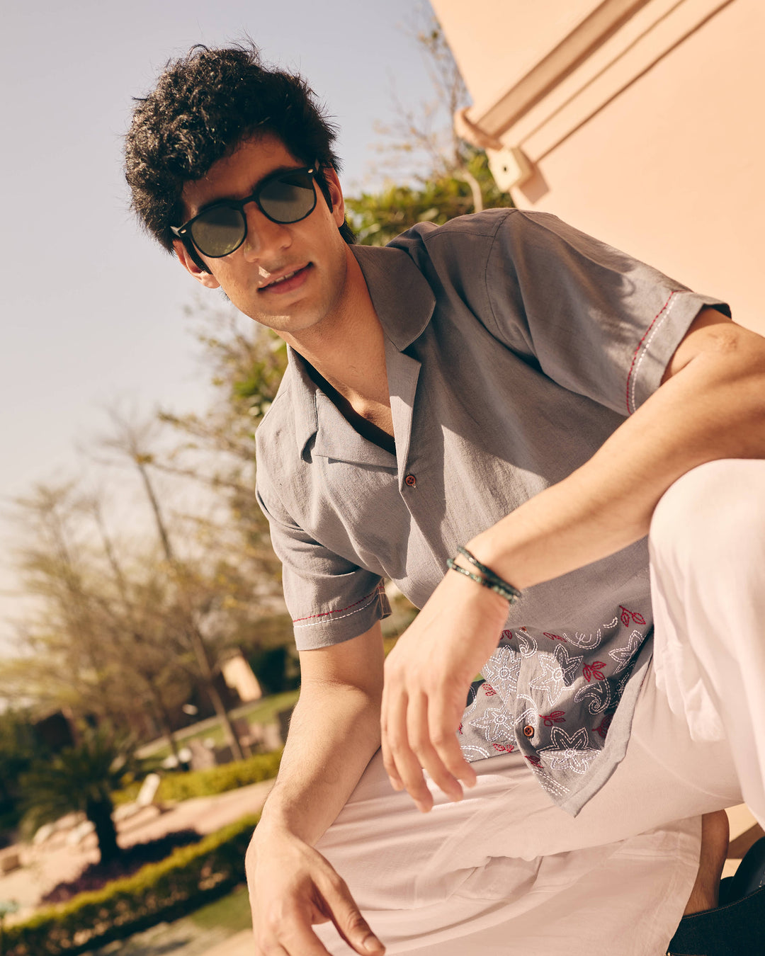 Nero Gray Cotton Flex Embroidered Shirt