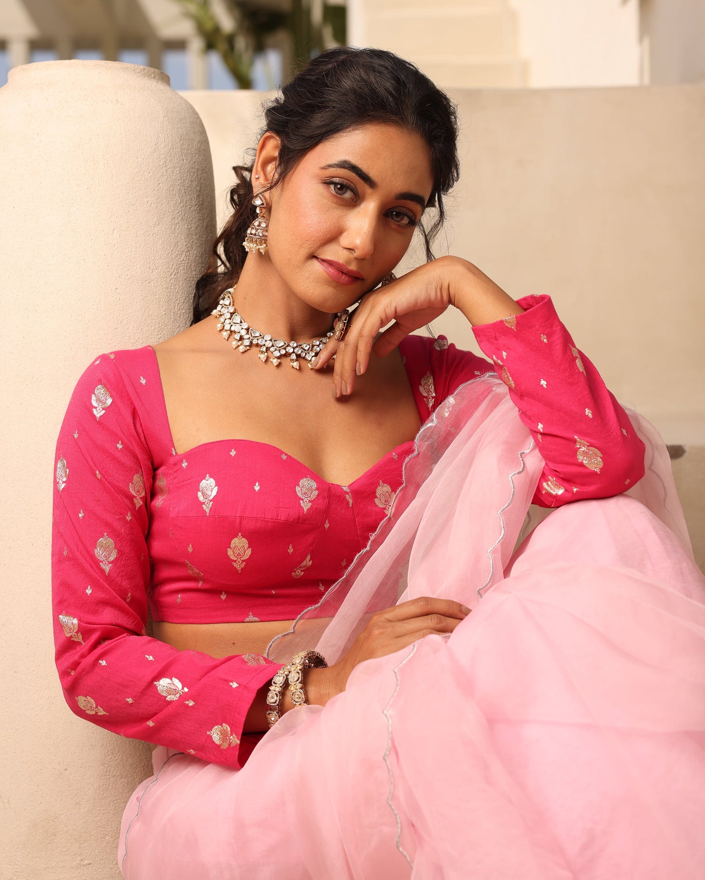 Zohra Pink Jacquard Blouse