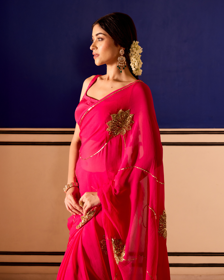 Lavanya Pink Handcrafted Chiffon Saree
