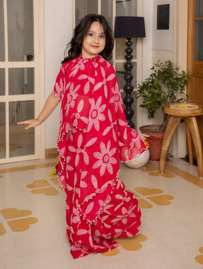 Adaa Pink Bandhani Georgette Pre Draped Saree