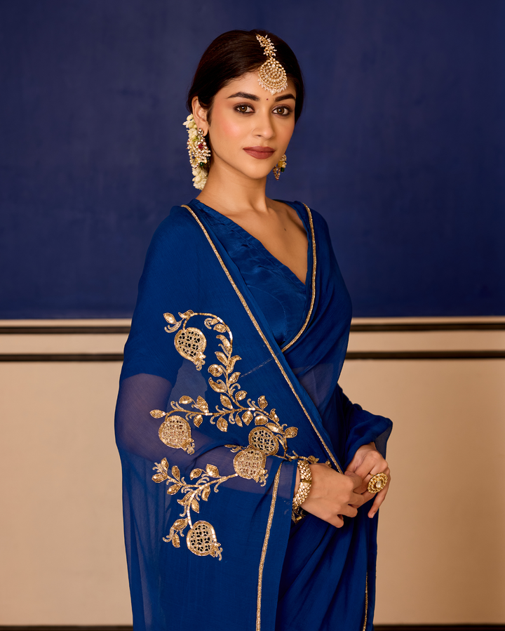Abha Blue Handcrafted Chiffon Saree