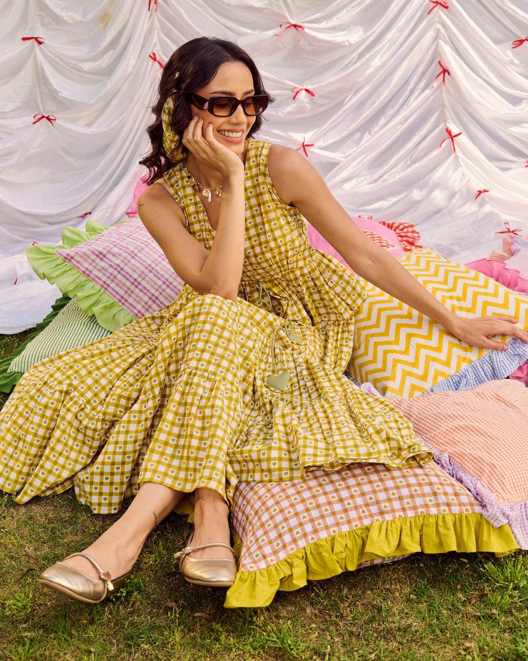 Emer Olive Cotton Checks Printed Dress