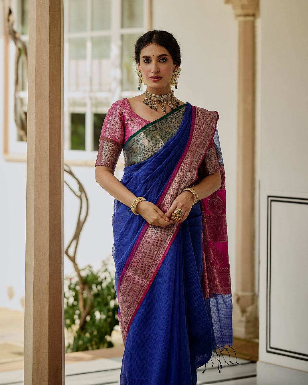Regal Blue Pink Doria Butta Border Saree