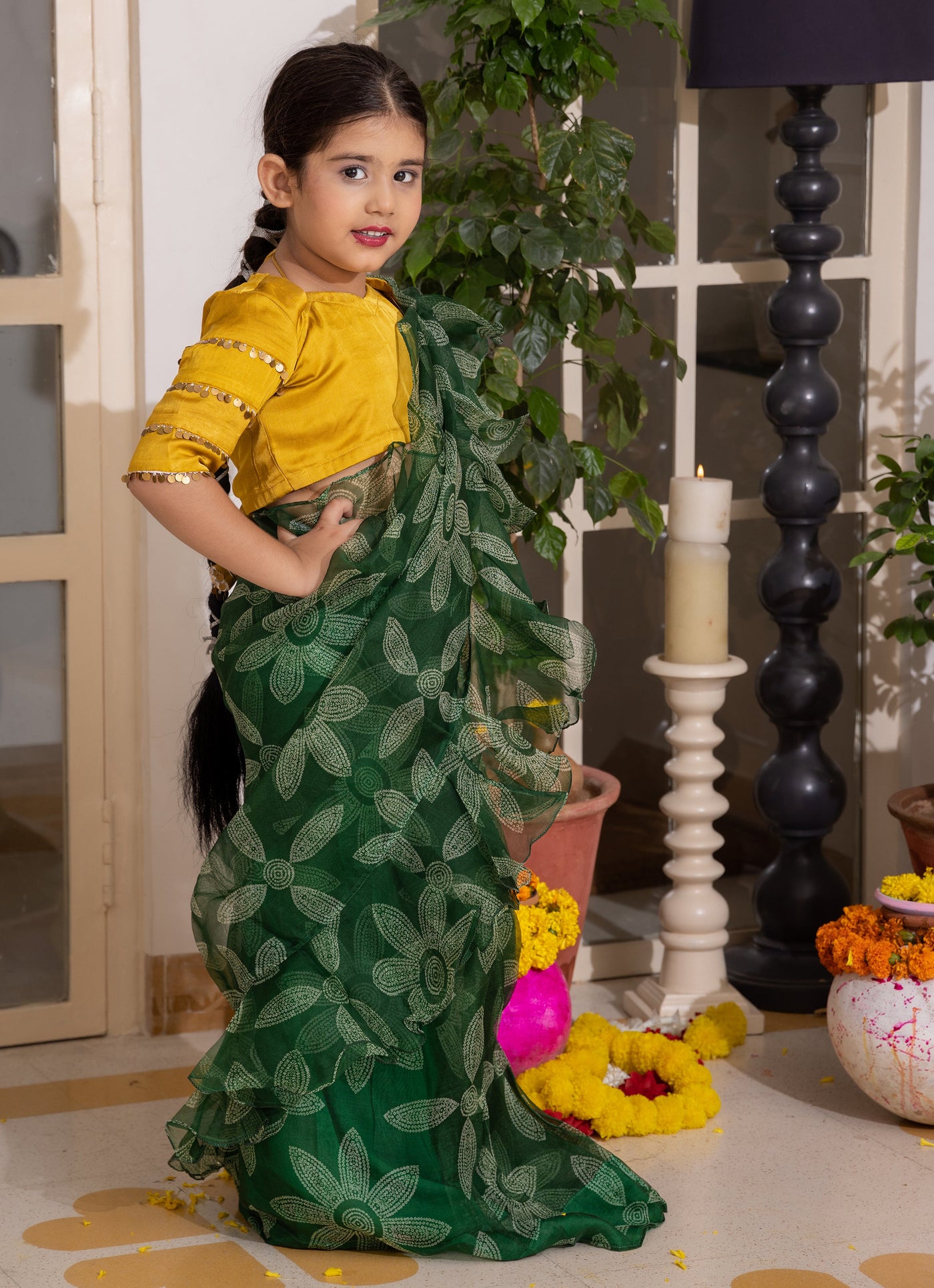 Dua Green Bandhani Organza Pre Draped Saree