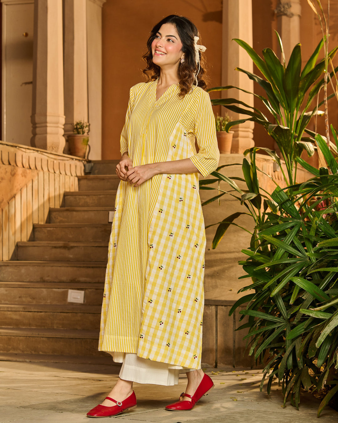 Elise Yellow Printed Stripes and Checks Cotton Kurta Set