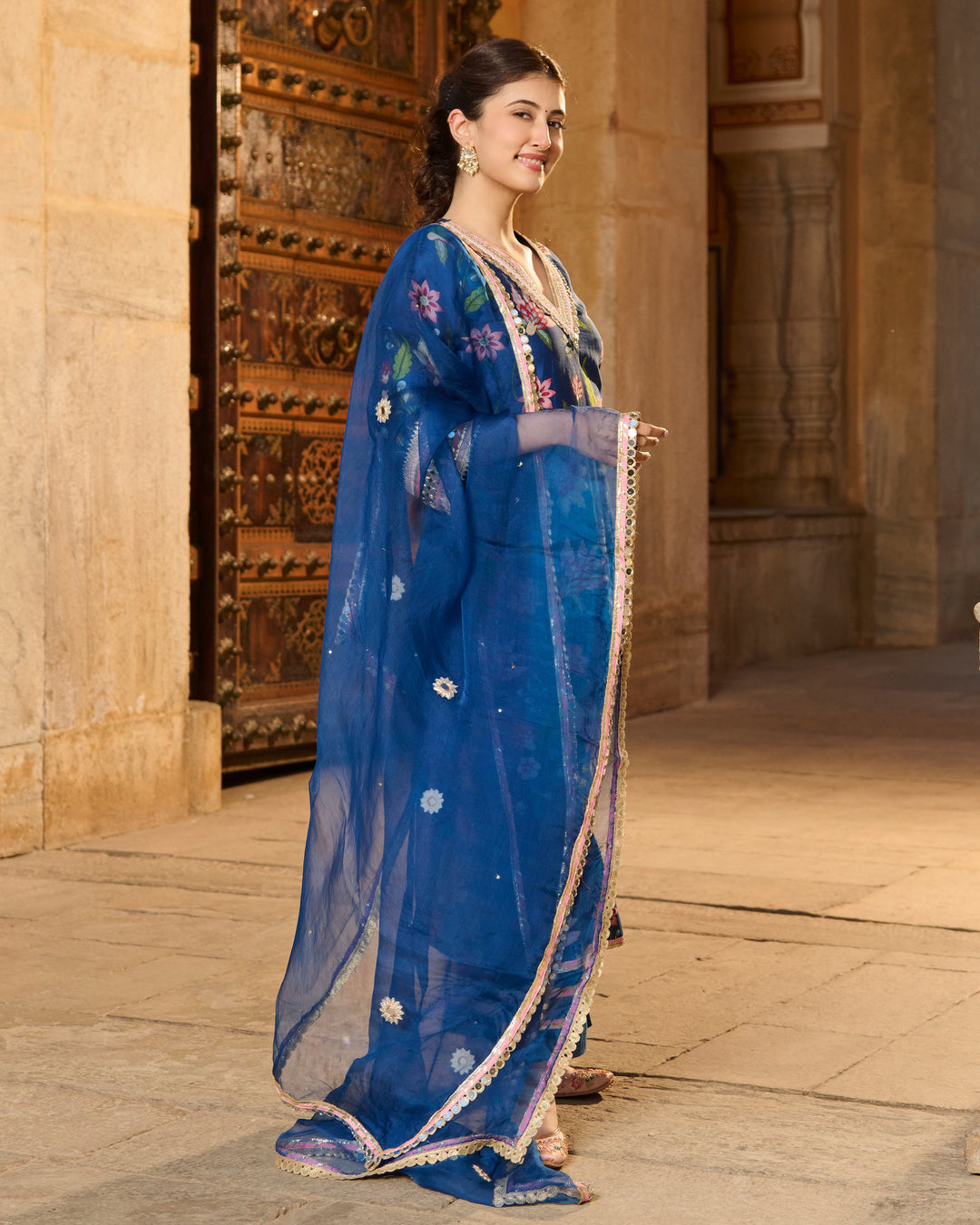Beat Blue Printed Chanderi Suit Set