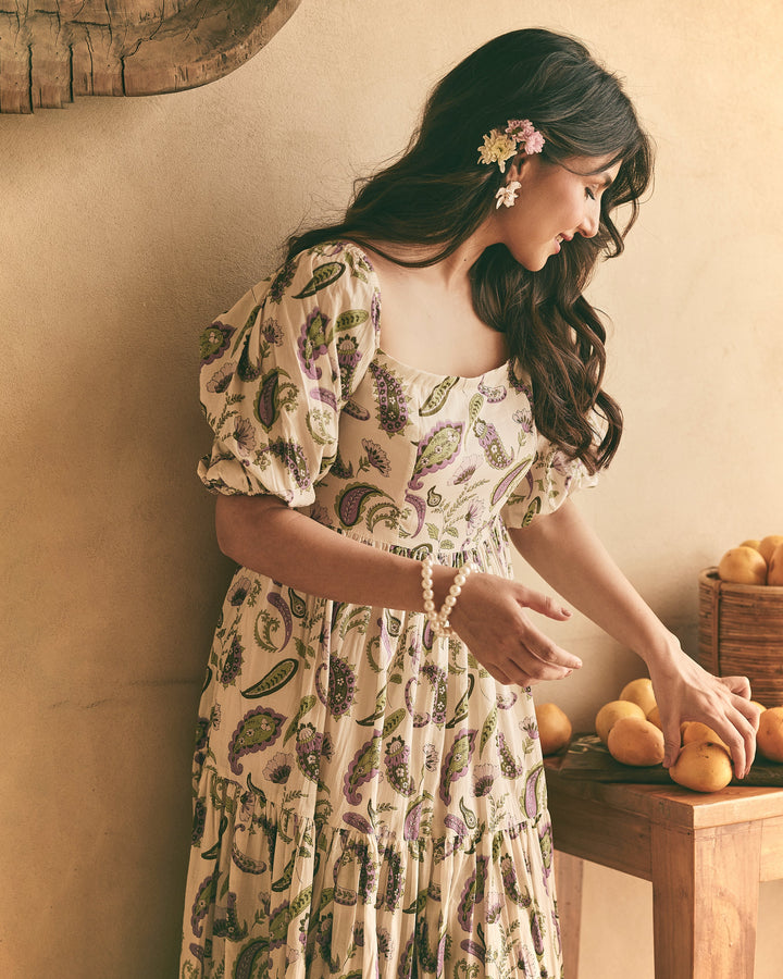 Alya Off White Cotton Printed Dress