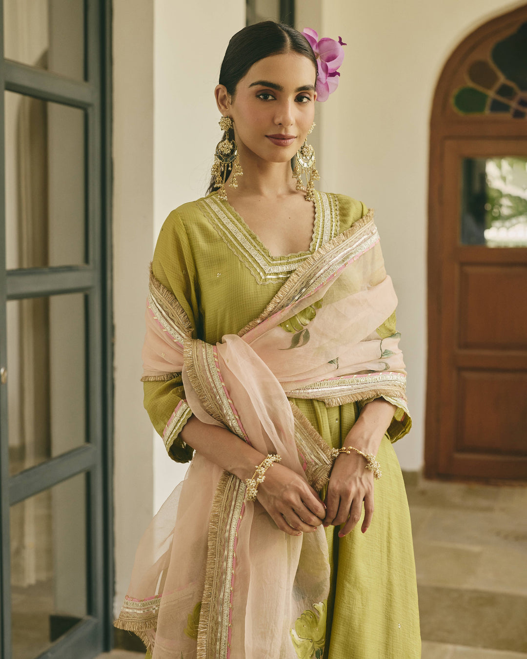 Kalvya Lime Green Handpainted Cotton Checks Suit Set