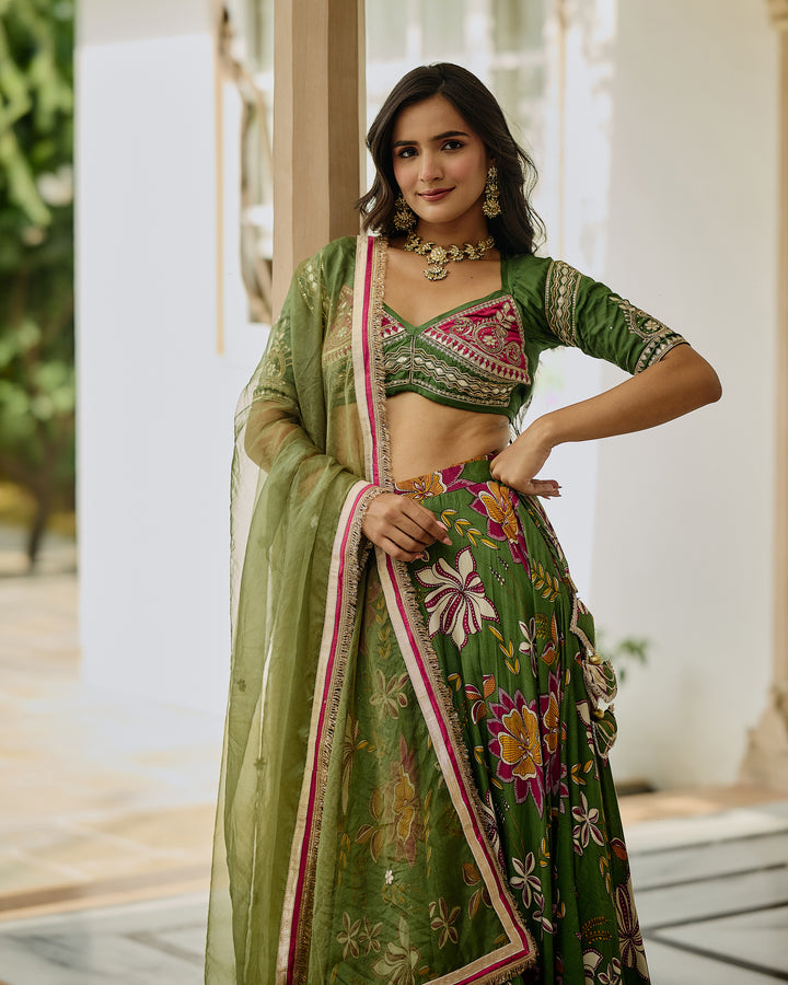 Zara Green Printed Satin Lehenga Set