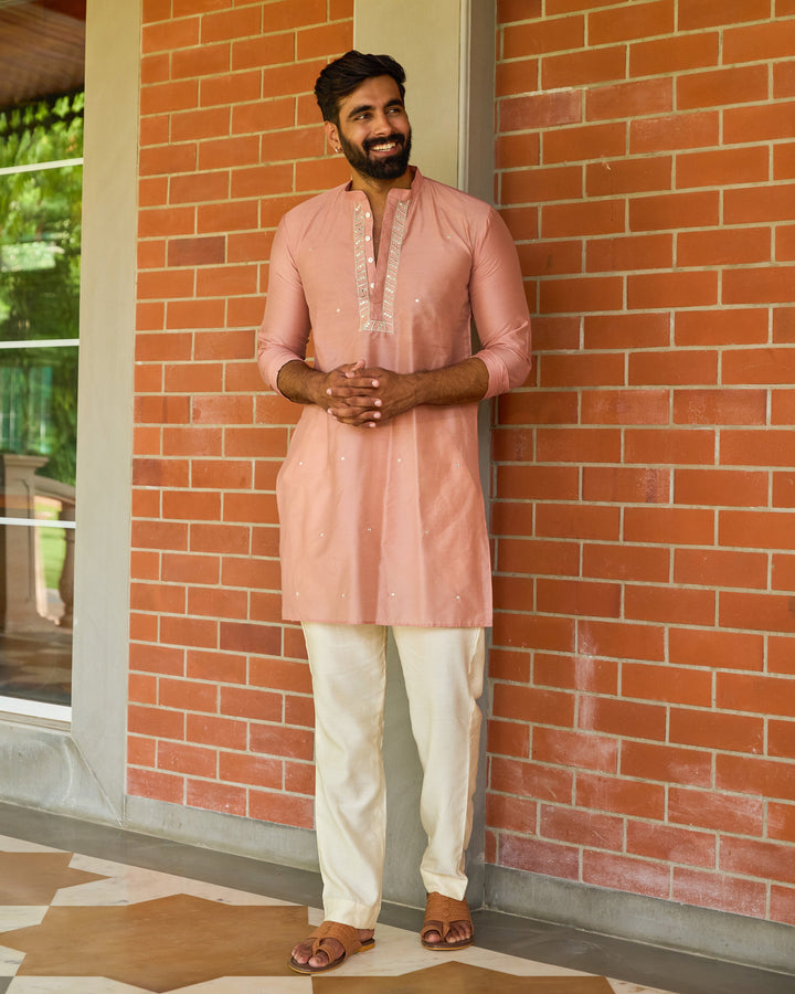Keshav Peach Embroidered Chanderi Kurta