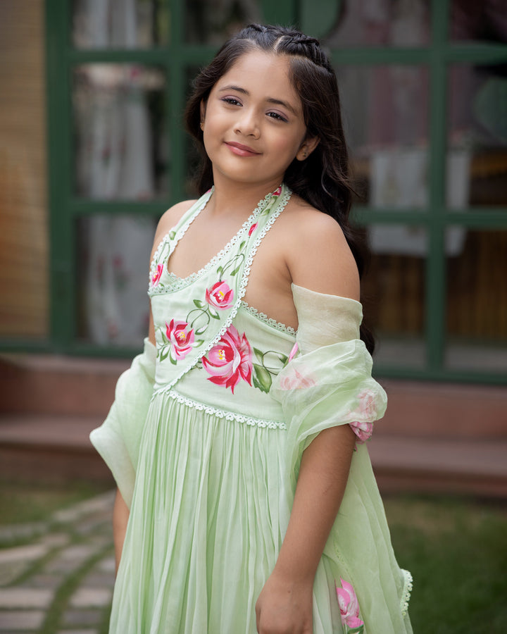 Nola Green Handpainted Georgette Suit Set