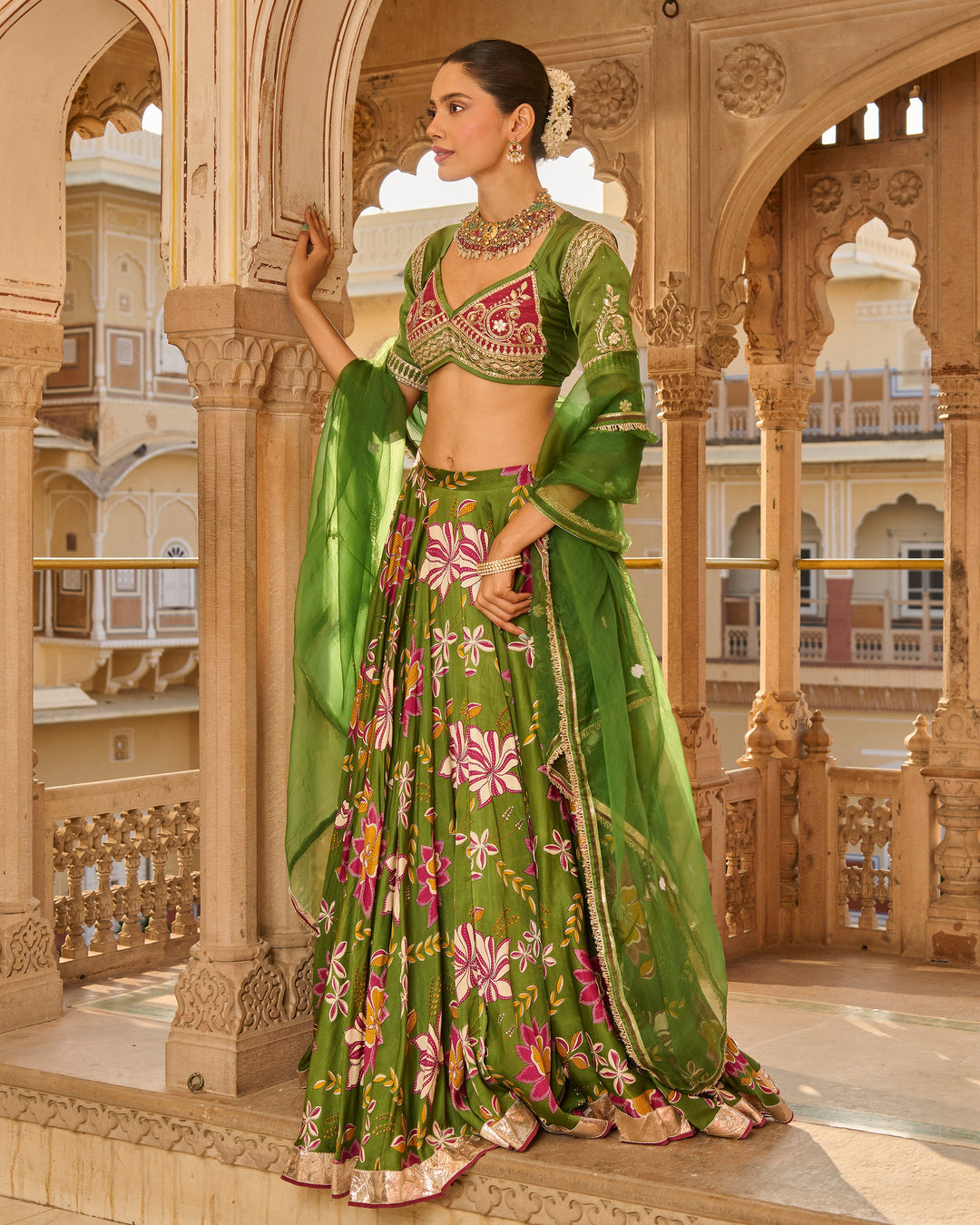 Zara Green Printed Satin Lehenga Set