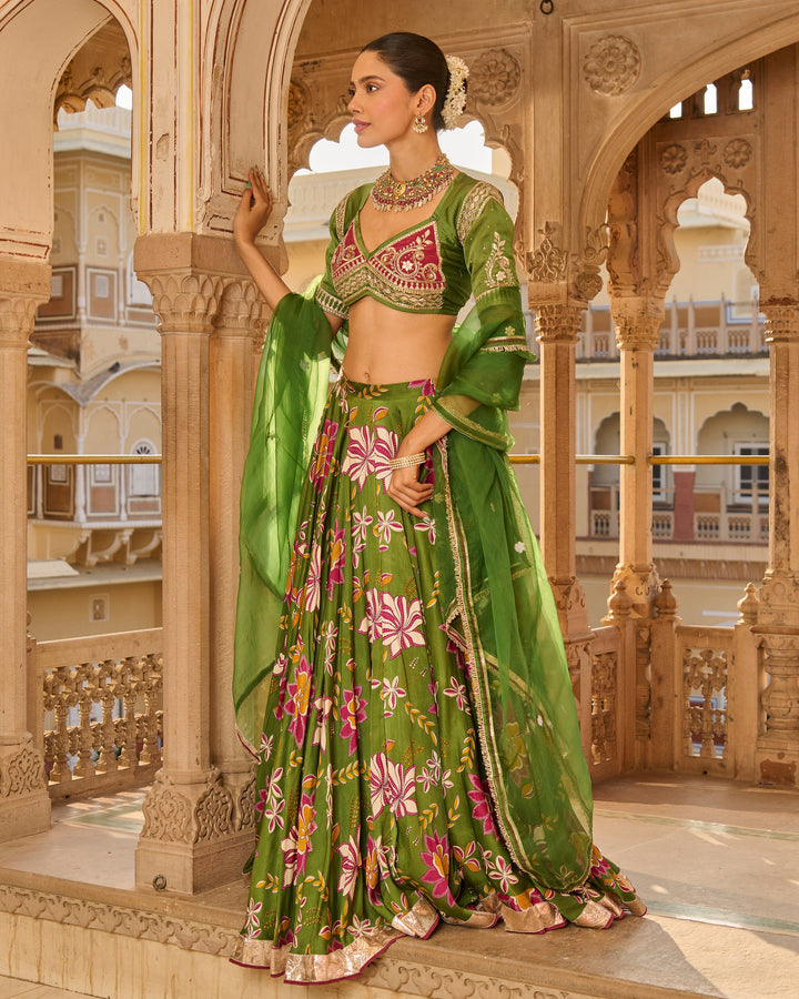 Zara Green Printed Satin Lehenga Set