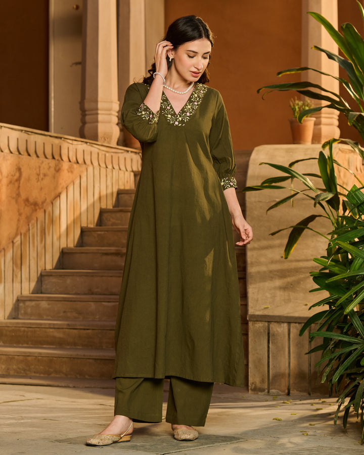 Dot Green Embroidered Cotton Kurta Set