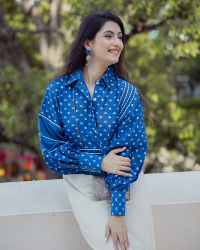 Heer Blue Bandhani Chanderi Shirt