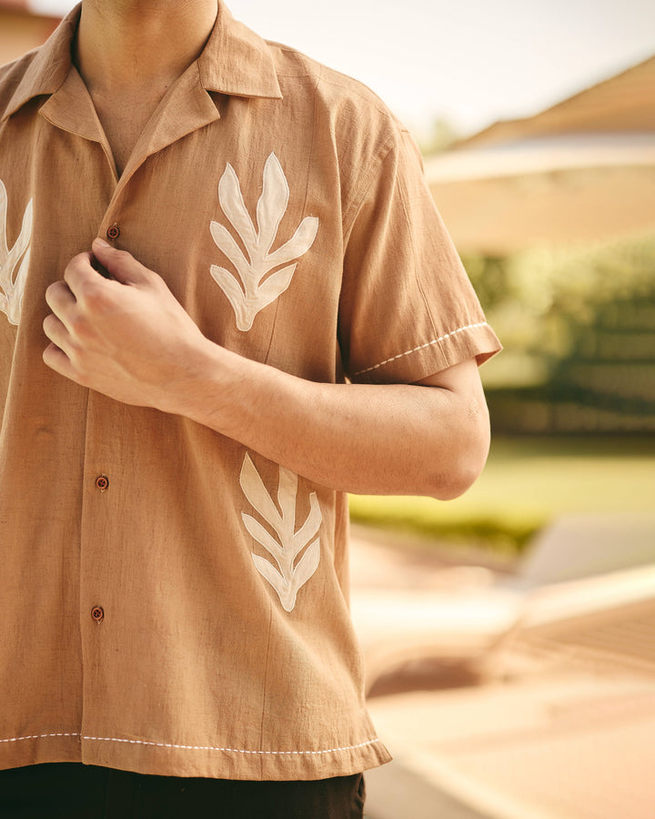 Kimo Brown Cotton Flex Embroidered Shirt