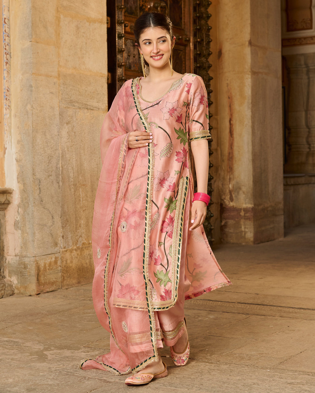 Pita Peach Printed Chanderi Suit Set