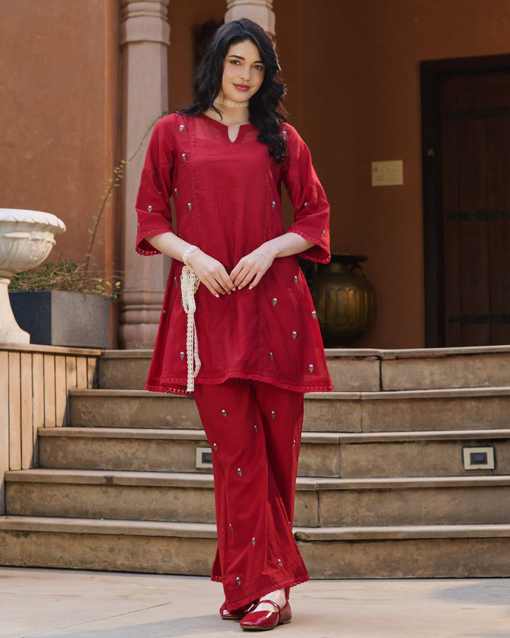 Sola Red Embroidered Doria Kurta Set