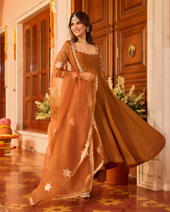 Deepvya Brown Embroidered Chanderi Suit Set