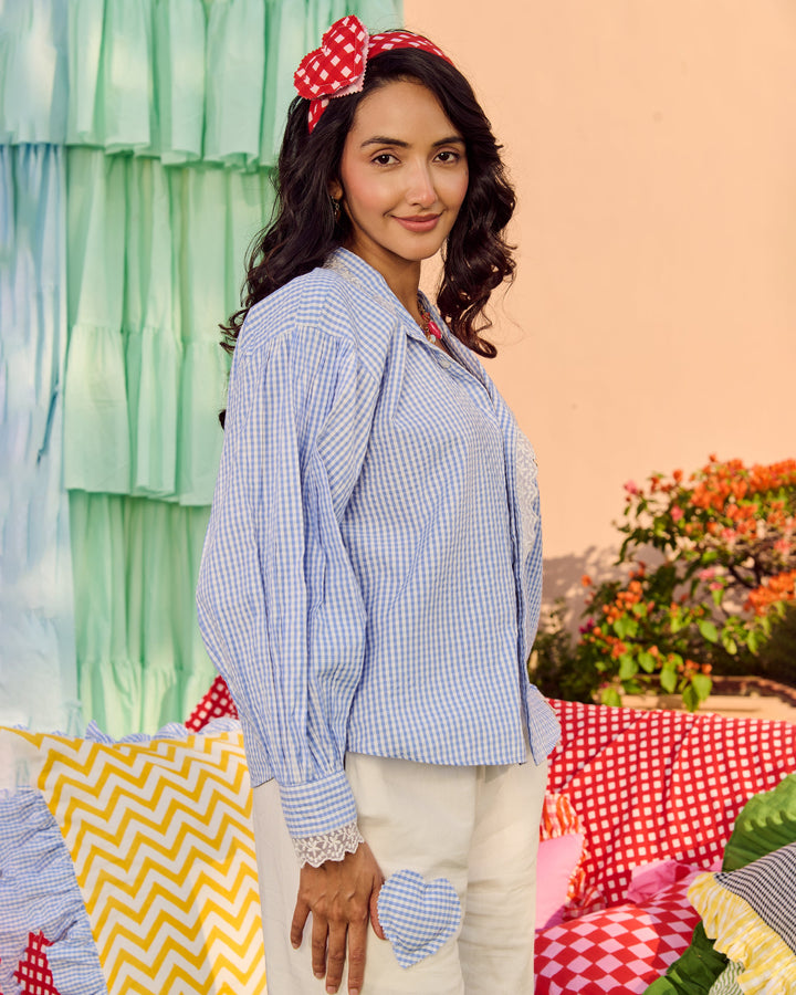 Asia Blue Cotton Checks Shirt