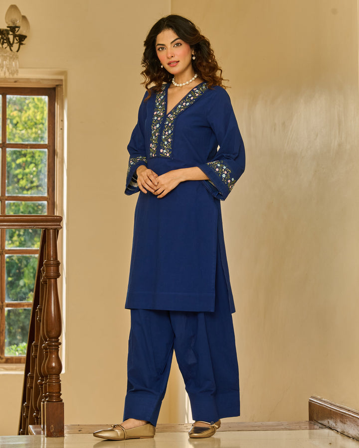 Ease Blue Embroidered Cotton Kurta Set
