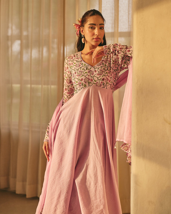 Kridha Lavender Cotton Crush Printed Suit Set