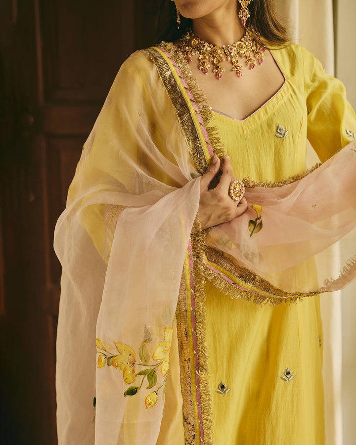 Chitriya Yellow Handpainted Chanderi Suit Set