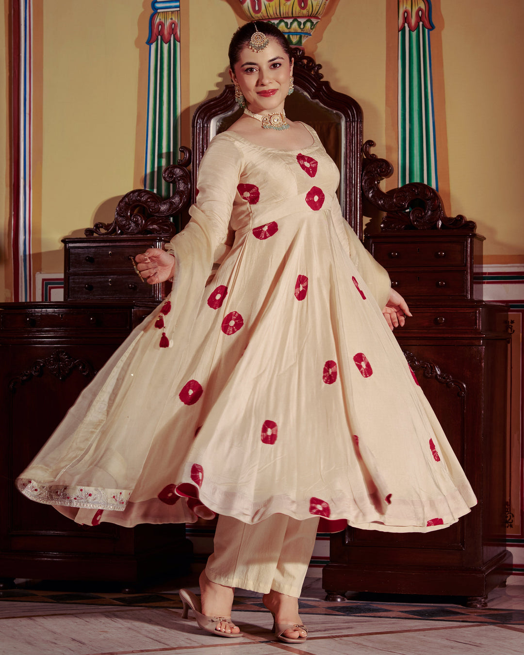 Sharada Beige Bandhani Muslin Suit Set