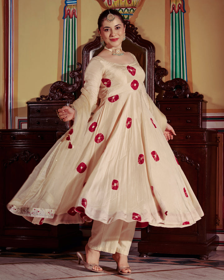 Sharada Beige Bandhani Muslin Suit Set