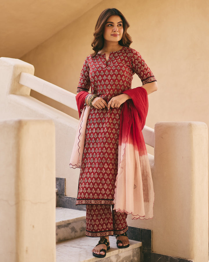Grisha Maroon Cotton Printed Suit Set