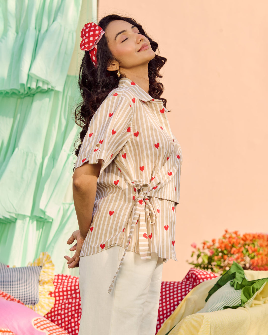 Shannon Beige Cotton Stripes &amp; Heart Printed Shirt