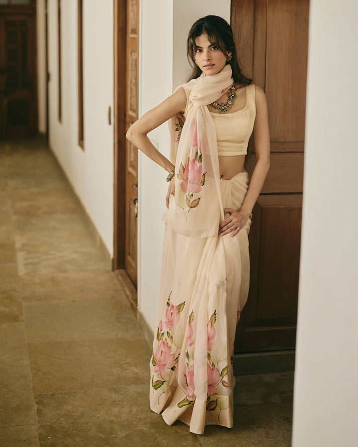 Mallika Peach Handpainted Chiffon Saree