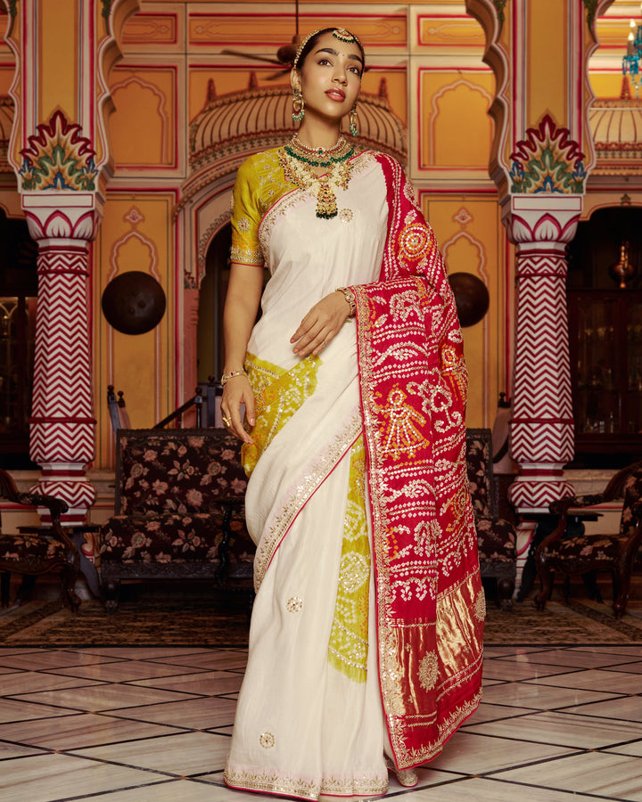 Barkha White Embroidered Kajol Bandhej Silk Saree