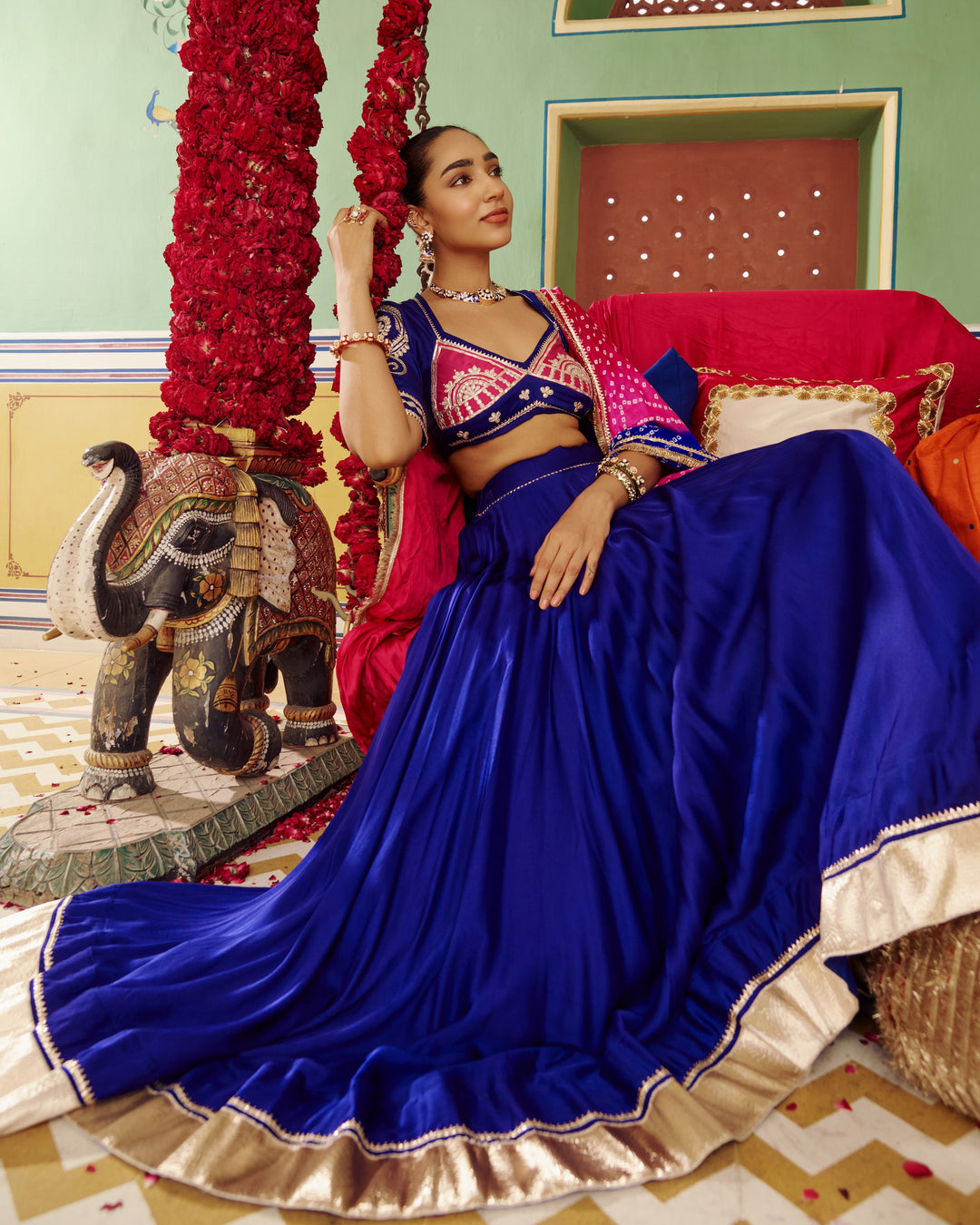 Mora Blue Embroidered Satin Lehenga Set