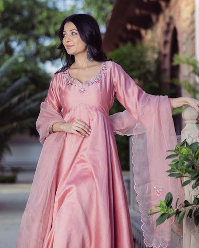 Mallow Mauve Embroidered Chanderi Suit Set