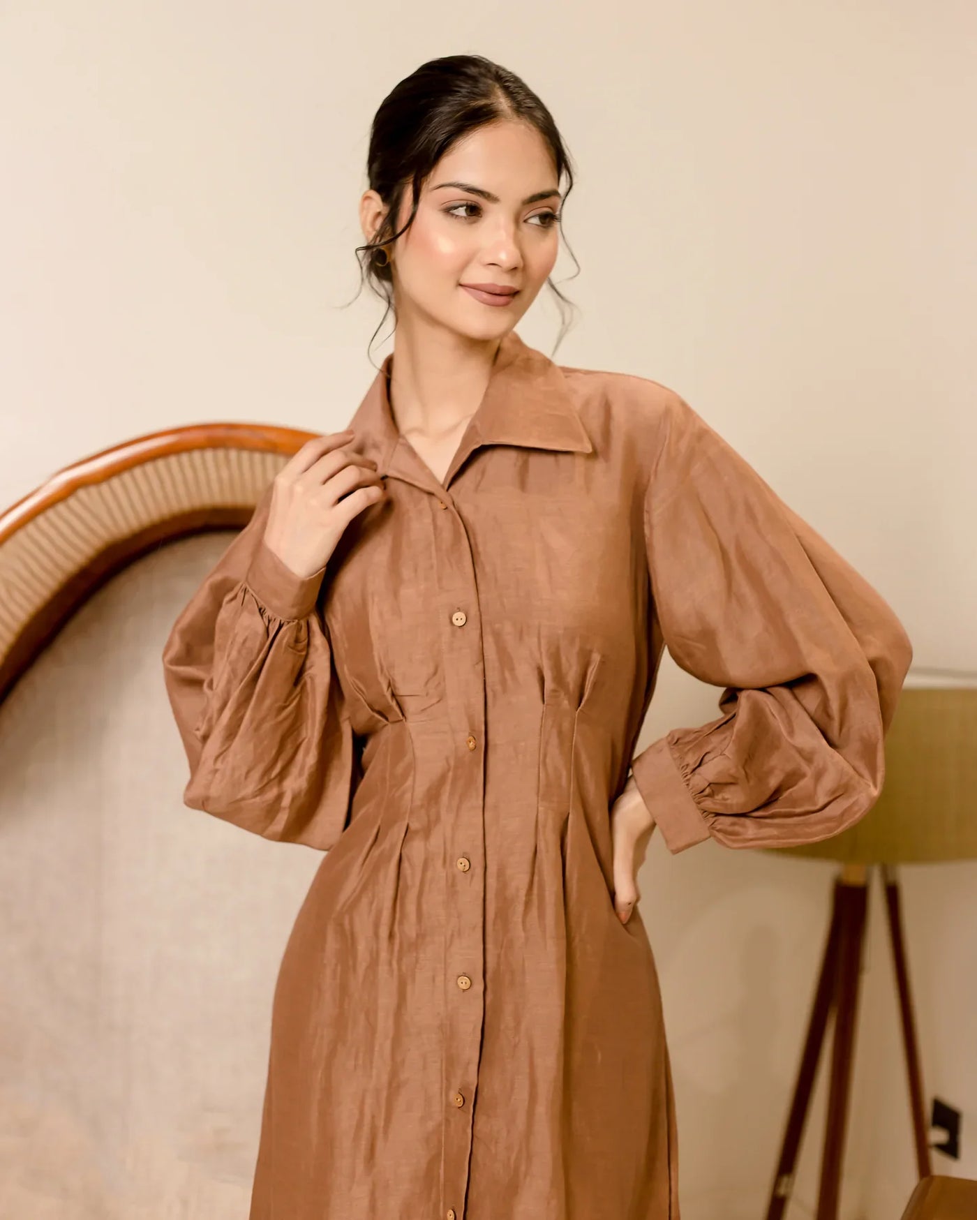 Supreme Brown Solid Cotton Shirt Dress