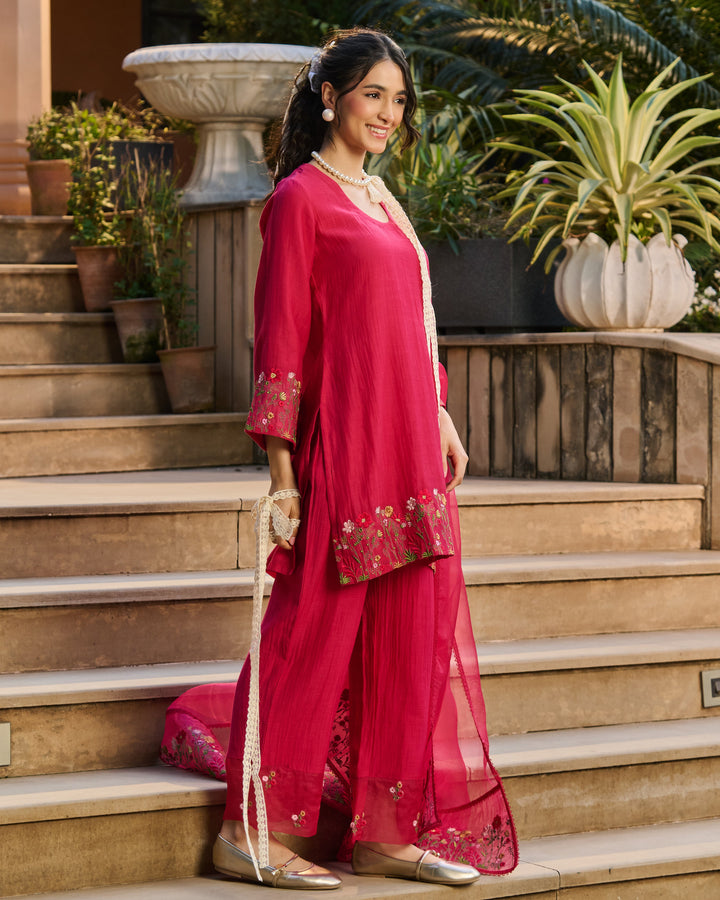 Taru Pink Embroidered Chanderi Suit Set