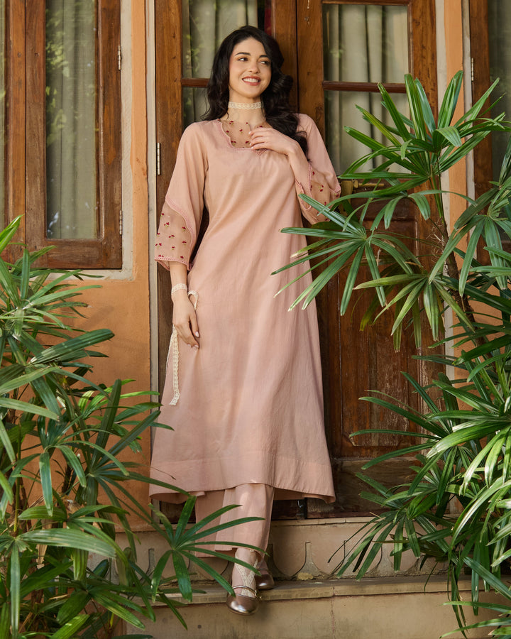 Zeena Peach Embroidered Cotton Kurta Set