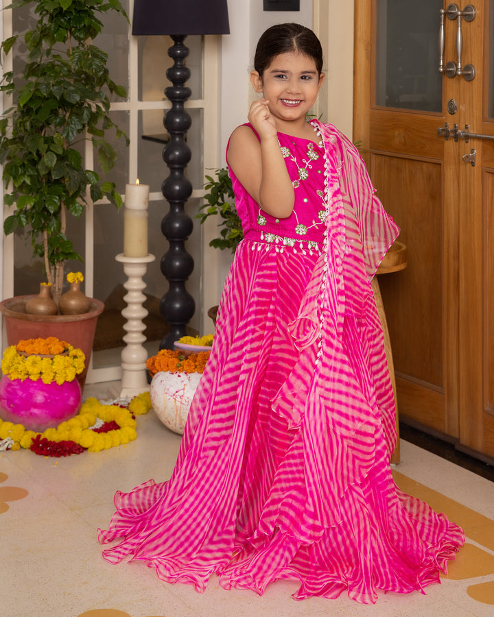 Mishti Pink Leheriya Organza Lehenga Set