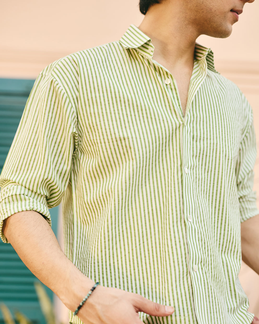 Nako Green Cotton Stripes Shirt