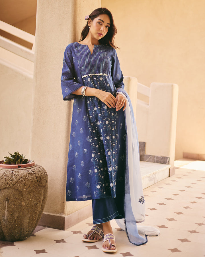 Lav Blue Cotton Printed Suit Set