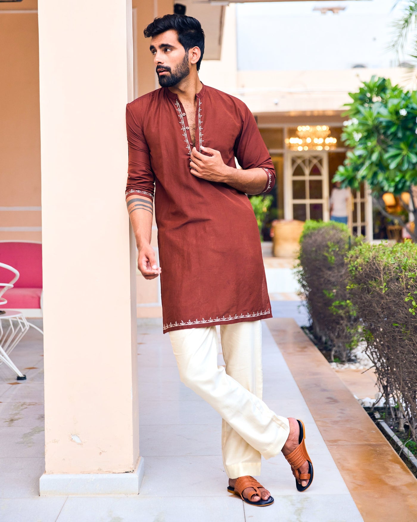 Rajvansh Brown Embroidered Silk Kurta