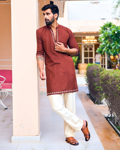 Rajvansh Brown Embroidered Silk Kurta