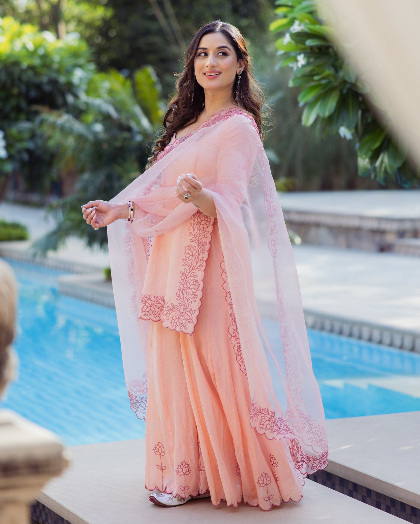 Lotus Charm Peach Embroidered Cotton Sharara Set