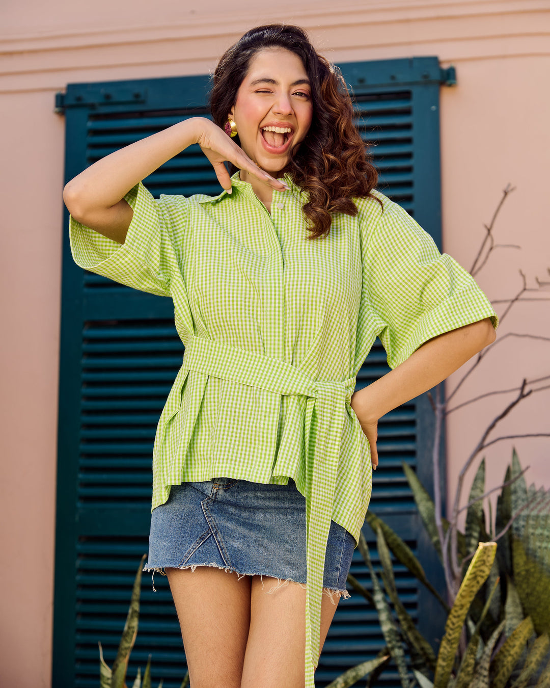 Serin Lime Green Cotton Checks Shirt
