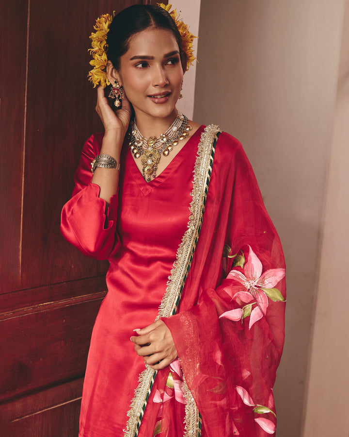 Moon Red Handpainted Satin Farsi Salwar Set