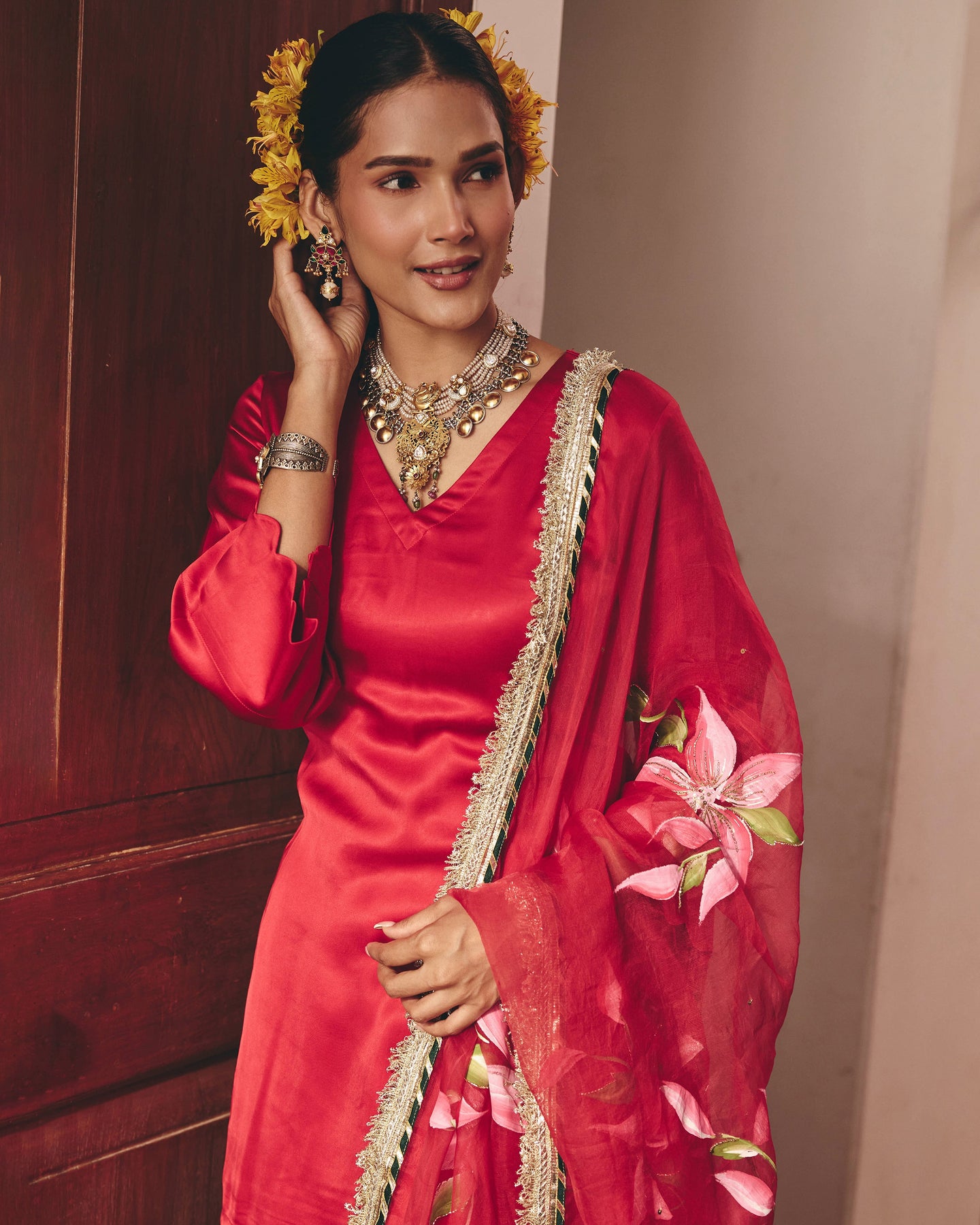 Moon Red Handpainted Satin Farsi Salwar Set