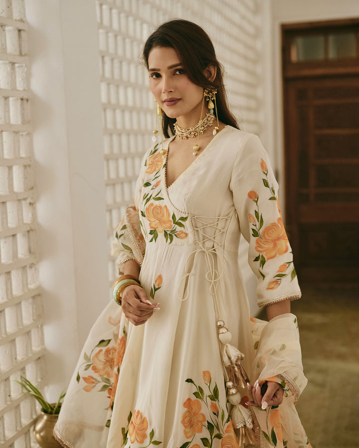 Neyra Ivory Handpainted Viscose Organza Suit Set