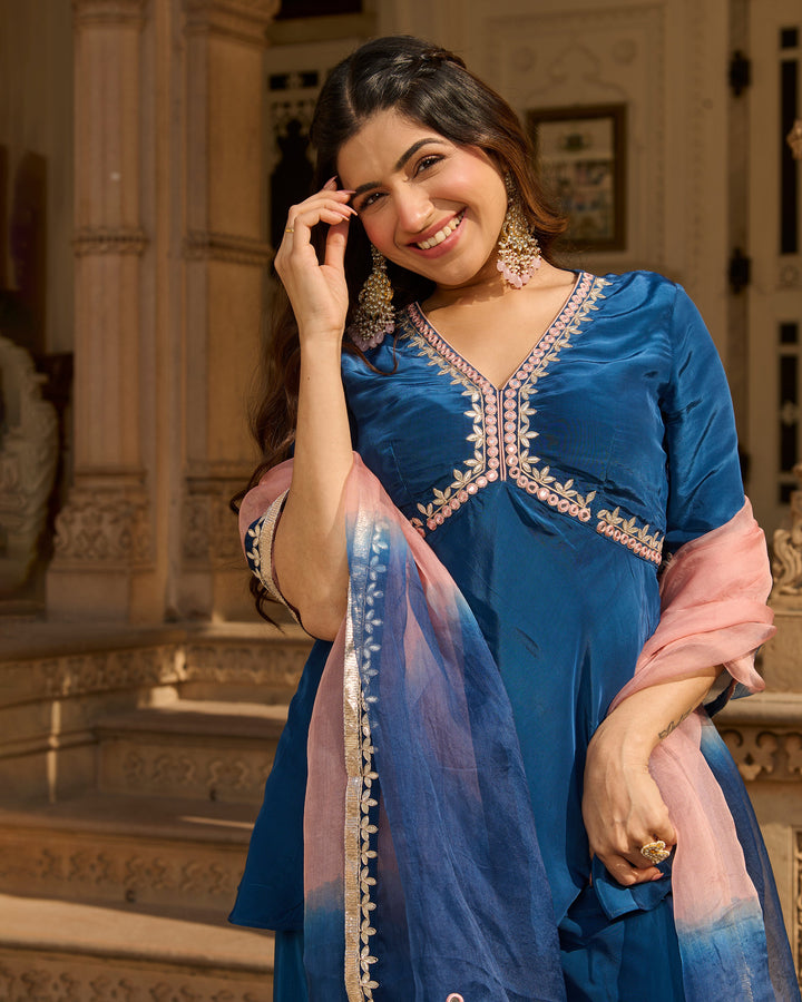 Maison Blue Solid Crepe Suit Set